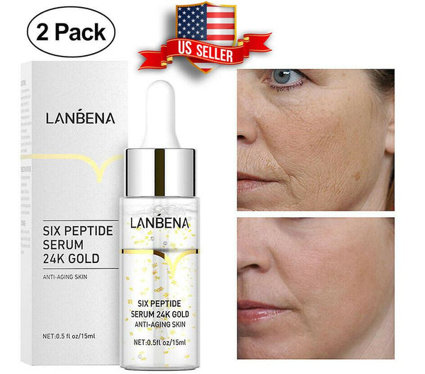 2 PACK Six Peptides 24k Gold Collagen Hyaluronic Acid Anti-Aging Skin Care Serum