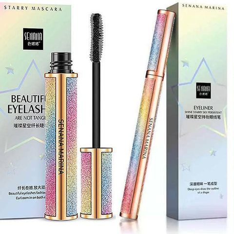 4d Silk Fiber Lash Mascara, SENANA MARINA Eyeliner & Mascara Set - Black Liquid Eyeliner Pencil/Waterproof Mascara - Sky High Mascara Black Volume and Length Lengthening No Clumping