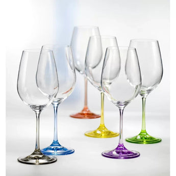 Bohemia Crystal Set 6 White Wine Crystal Glasses Colored Stems 550ML/18.6 oz