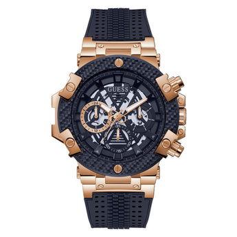 Guess Men's Rose Gold-Tone Navy , Silicone Strap, Multi-Function 46 MM