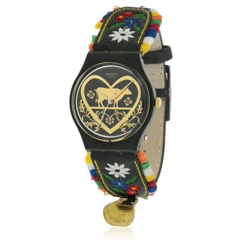 New Swiss Swatch DIE GLOCKE Black Embroidery Leather Women Watch 34mm GB285