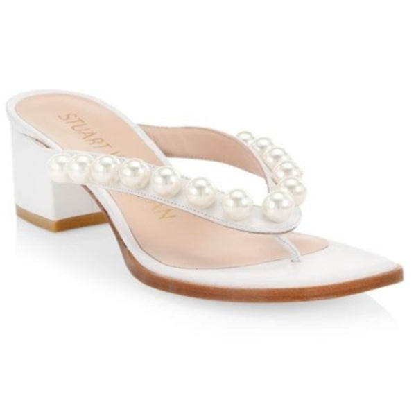 Stuart Weitzman Goldie 50 Sandal Embellished Leather BlockHeel Thong Sandals 8 B