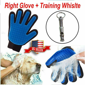 Pet Grooming Glove Dog Cat Gentle Deshedding Hair Fur Removal + Training Whistle